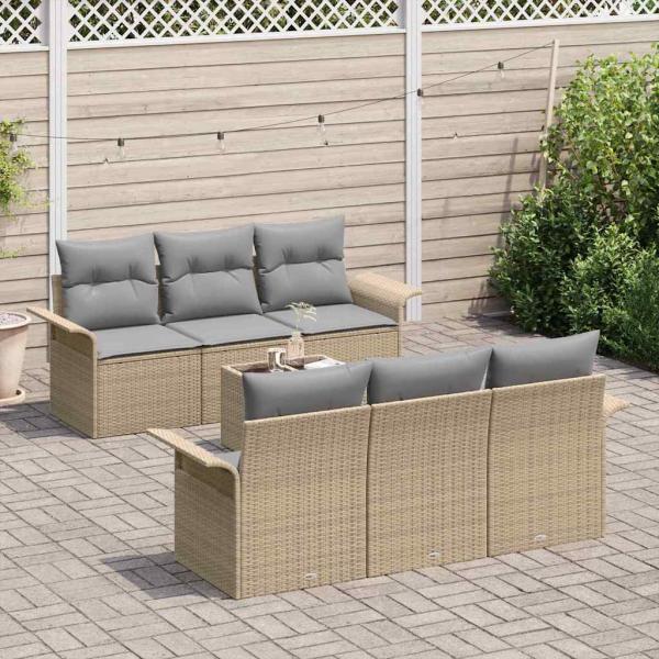 7-teiliges Garten Sofa Set mit Kissen Beige Poly Rattan, 2-Sitzer Garten Sofa mit Stauraum & Kissen Beige Poly Rattan