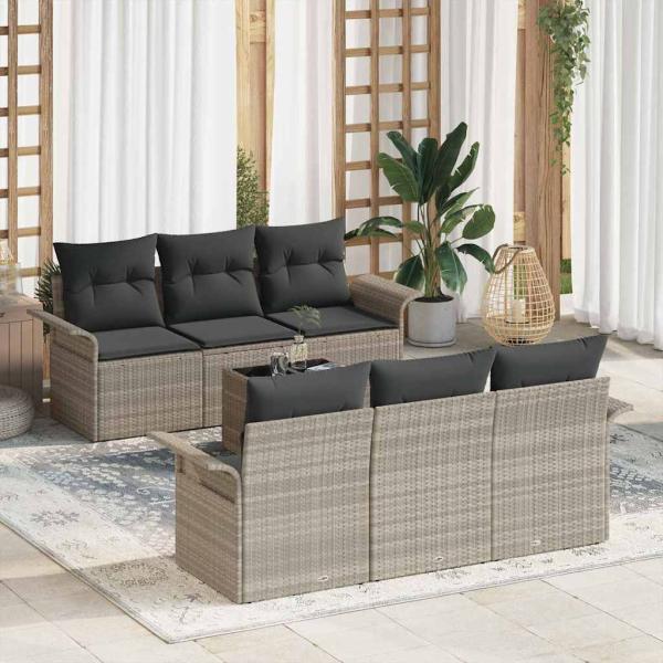 ARDEBO.de - 7-teiliges Garten-Sofa-Set mit Kissen Hellgrau Poly Rattan, 2-Sitzer Garten-Sofa mit Stauraum & Kissen Hellgrau Poly Rattan