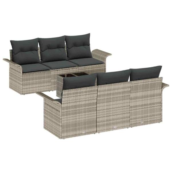 7-teiliges Garten-Sofa-Set mit Kissen Hellgrau Poly Rattan, 2-Sitzer Garten-Sofa mit Stauraum & Kissen Hellgrau Poly Rattan