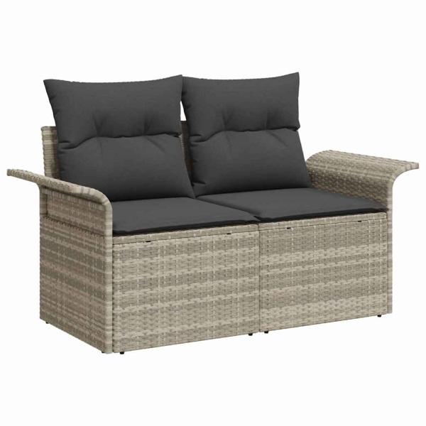 7-teiliges Garten-Sofa-Set mit Kissen Hellgrau Poly Rattan, 2-Sitzer Garten-Sofa mit Stauraum & Kissen Hellgrau Poly Rattan