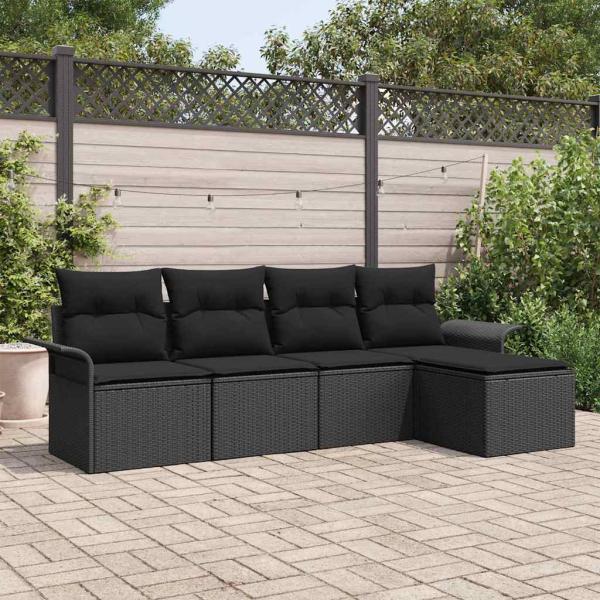ARDEBO.de - 5-teiliges Garten Sofa Set mit Kissen Schwarzes Poly Rattan, 2-Sitzer Garten Sofa mit Stauraum & Kissen Schwarzes Poly Rattan