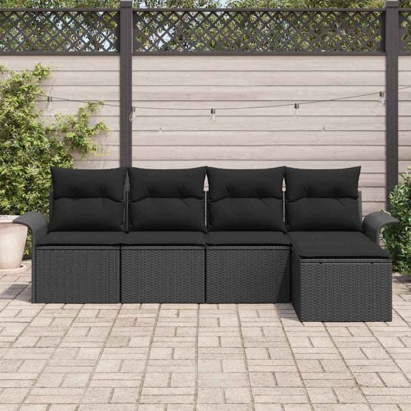 5-teiliges Garten Sofa Set mit Kissen Schwarzes Poly Rattan, 2-Sitzer Garten Sofa mit Stauraum & Kissen Schwarzes Poly Rattan