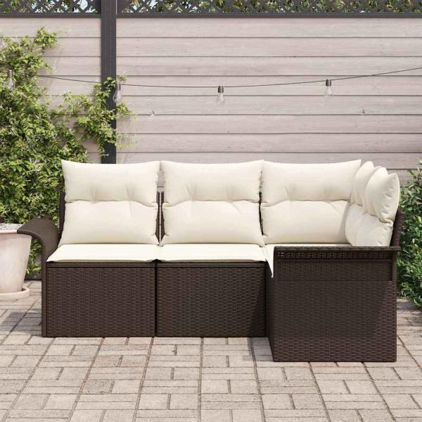 4-teiliges Garten Sofa Set mit Kissen Braunes Poly Rattan, 2-Sitzer Garten Sofa mit Stauraum & Kissen Braunes Poly Rattan