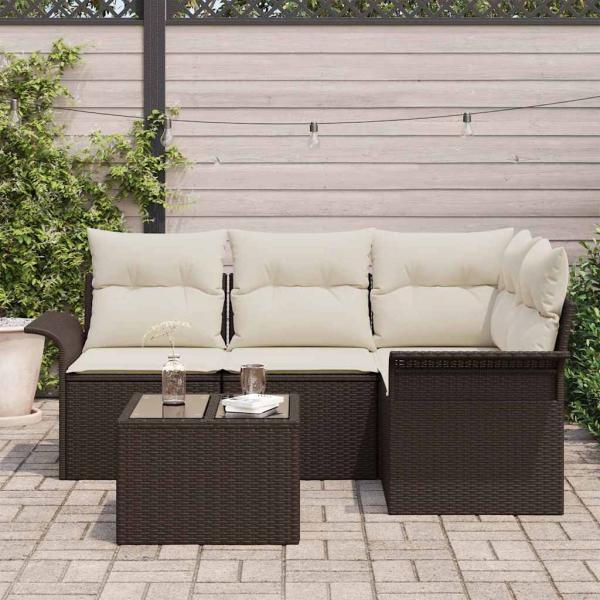 4-teiliges Garten Sofa Set mit Kissen Grau Poly Rattan, 2-Sitzer Garten Sofa mit Stauraum & Kissen Braun Poly Rattan
