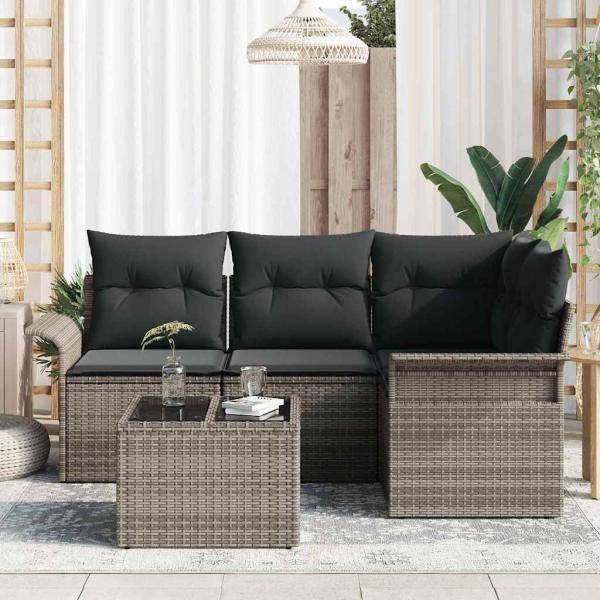 4-teiliges Garten-Sofa-Set mit Kissen schwarzes Poly-Rattan, 2-Sitzer Garten-Sofa mit Stauraum & Kissen graues Poly-Rattan