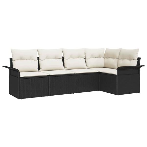 5-teiliges Garten Sofa Set mit Kissen Schwarz Poly-Rattan, 2-Sitzer Garten Sofa mit Stauraum & Kissen Schwarz Poly-Rattan