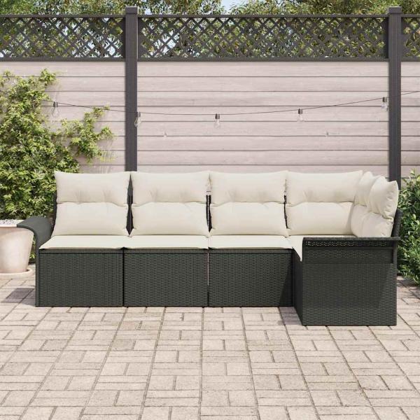 5-teiliges Garten Sofa Set mit Kissen Schwarz Poly-Rattan, 2-Sitzer Garten Sofa mit Stauraum & Kissen Schwarz Poly-Rattan
