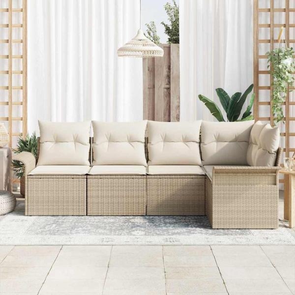 5-teiliges Garten Sofa Set mit Kissen Beige Poly Rattan, 2-Sitzer Garten Sofa mit Stauraum & Kissen Beige Poly Rattan