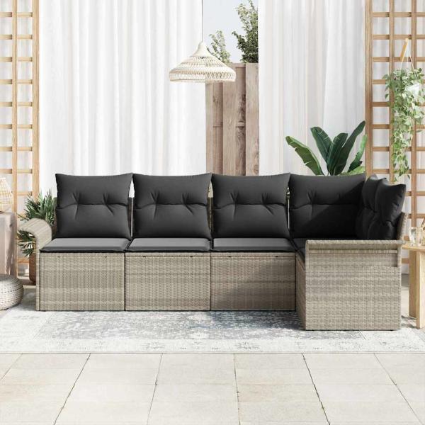 5-teiliges Garten Sofa Set mit Kissen Hellgrau Poly-Rattan, 2-Sitzer Garten Sofa mit Stauraum & Kissen Hellgrau Poly-Rattan