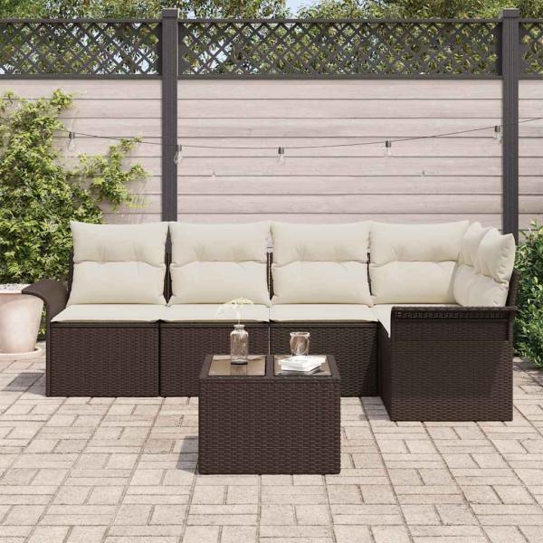 5-teiliges Garten Sofa Set mit Kissen Grau Poly Rattan, 2-Sitzer Garten Sofa mit Stauraum & Kissen Braun Poly Rattan