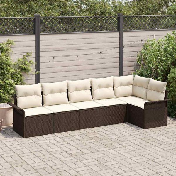 ARDEBO.de - 6-teiliges Garten Sofa Set mit Kissen Braun Poly Rattan, 2-Sitzer Garten Sofa mit Stauraum & Kissen Braun Poly Rattan