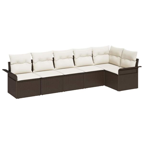 6-teiliges Garten Sofa Set mit Kissen Braun Poly Rattan, 2-Sitzer Garten Sofa mit Stauraum & Kissen Braun Poly Rattan
