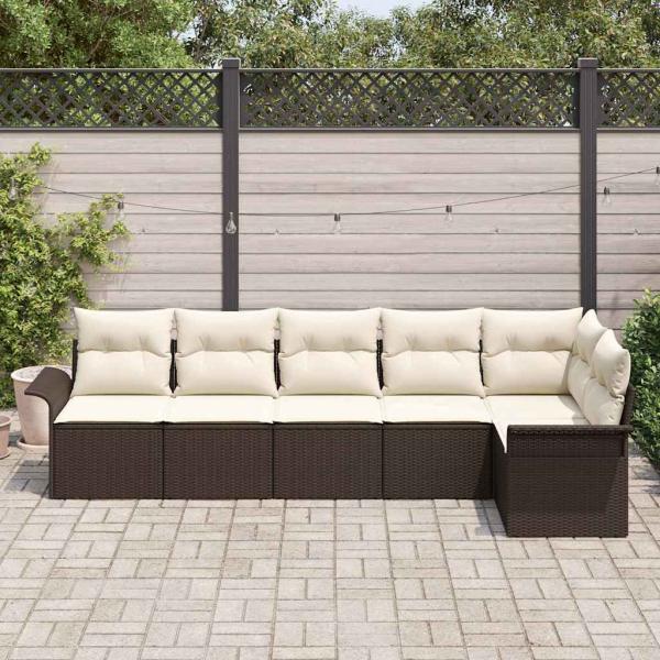 6-teiliges Garten Sofa Set mit Kissen Braun Poly Rattan, 2-Sitzer Garten Sofa mit Stauraum & Kissen Braun Poly Rattan