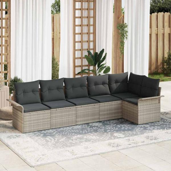 ARDEBO.de - 6-teiliges Garten Sofa Set mit Kissen Hellgrau Poly Rattan, 2-Sitzer Garten Sofa mit Stauraum & Kissen Hellgrau Poly Rattan