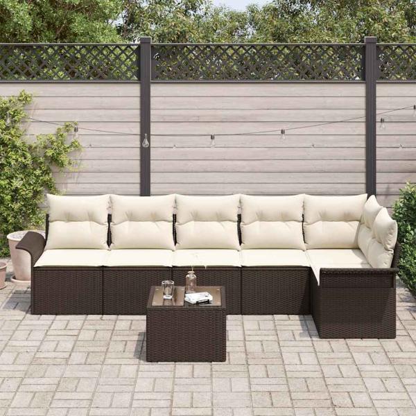 6-teiliges Garten Sofa Set mit Kissen in Grau Poly Rattan, 2-Sitzer Garten Sofa mit Stauraum & Kissen in Braun Poly Rattan