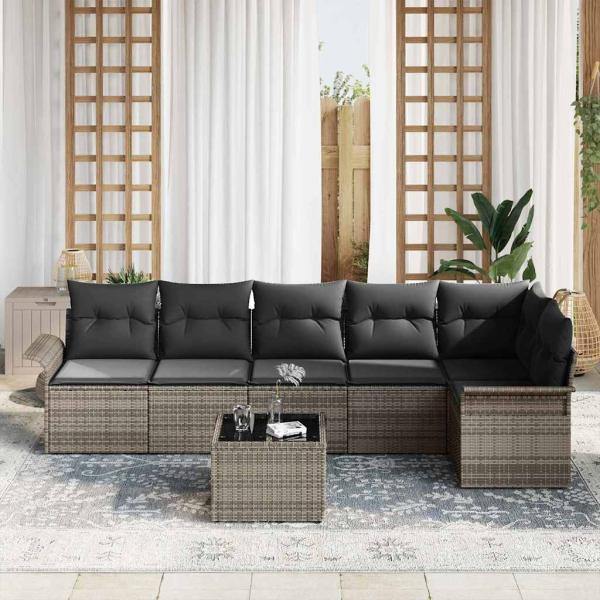 6-teiliges Garten Sofa Set mit Kissen schwarzes Poly Rattan, 2-Sitzer Garten Sofa mit Stauraum & Kissen graues Poly Rattan
