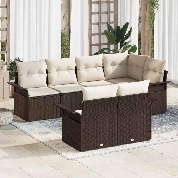ARDEBO.de - 7-teiliges Garten-Sofa-Set mit Kissen Braun Poly-Rattan, 2-Sitzer-Garten-Sofa mit Stauraum & Kissen Braun Poly-Rattan
