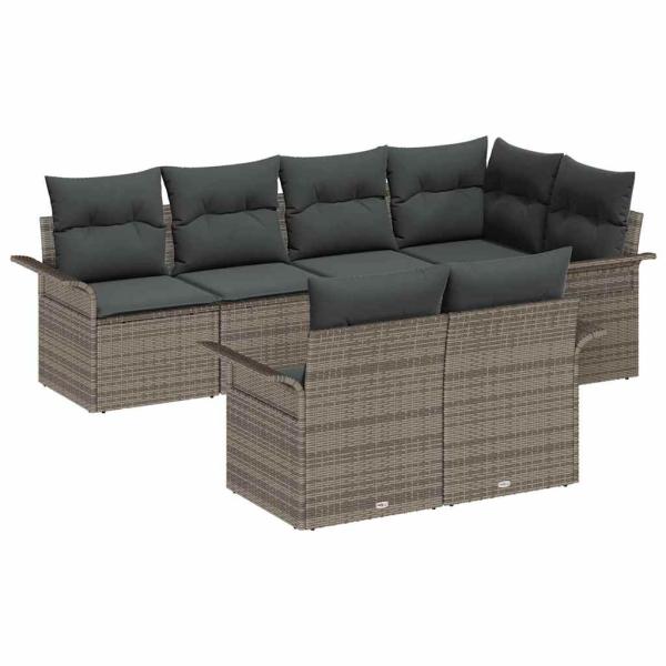 7-teiliges Garten-Sofa-Set mit Kissen Grau Poly Rattan, 2-Sitzer Garten-Sofa mit Stauraum & Kissen Grau Poly Rattan