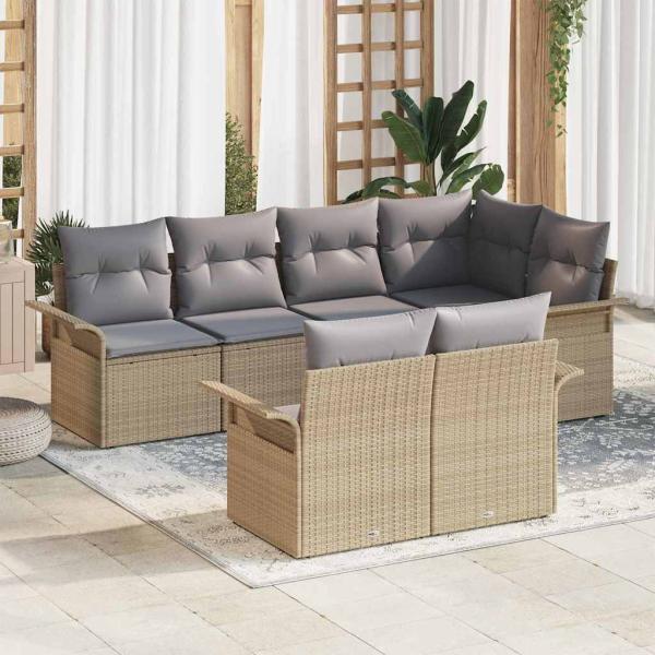 ARDEBO.de - 7-teiliges Garten Sofa Set mit Kissen Beige Poly Rattan, 2-Sitzer Garten Sofa mit Stauraum & Kissen Beige Poly Rattan