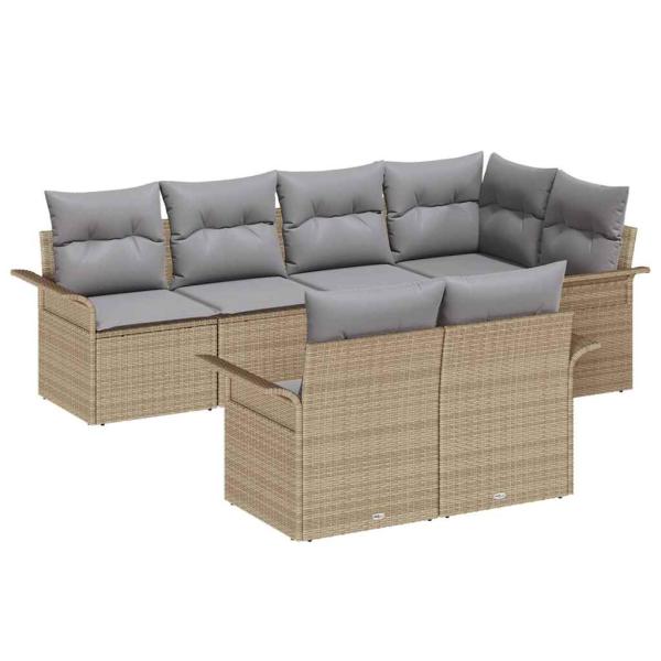 7-teiliges Garten Sofa Set mit Kissen Beige Poly Rattan, 2-Sitzer Garten Sofa mit Stauraum & Kissen Beige Poly Rattan