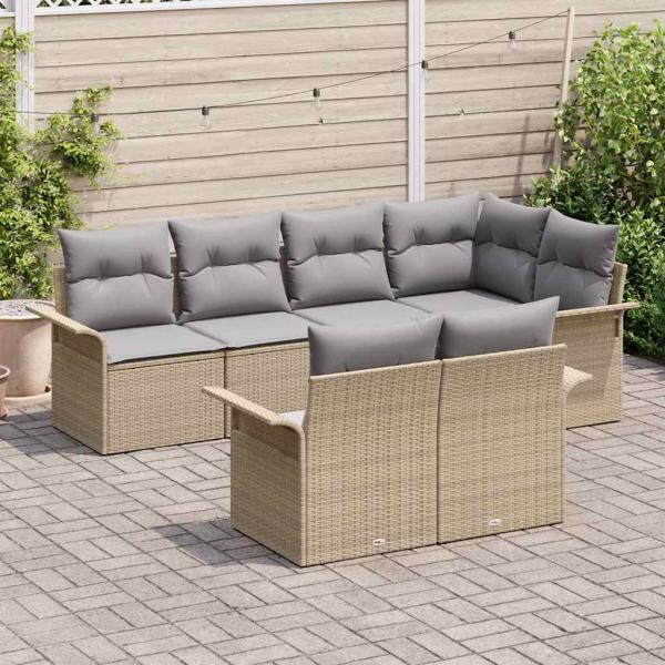 7-teiliges Garten Sofa Set mit Kissen Beige Poly Rattan, 2-Sitzer Garten Sofa mit Stauraum & Kissen Beige Poly Rattan