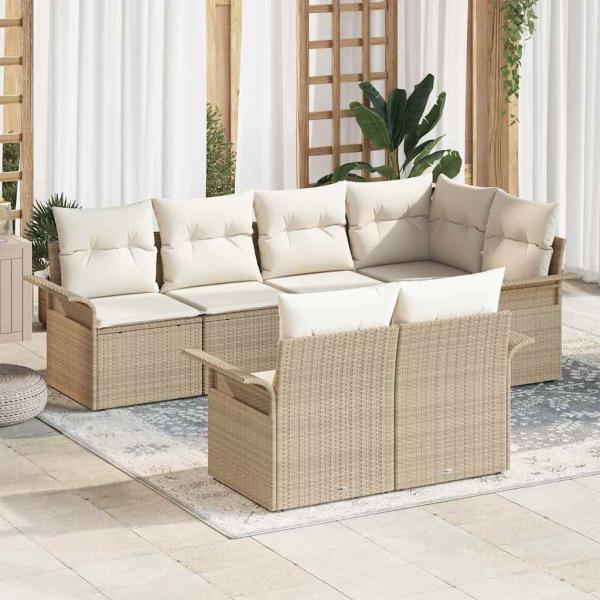 ARDEBO.de - 7-teiliges Garten Sofa Set mit Kissen Beige Poly Rattan, 2-Sitzer Garten Sofa mit Stauraum & Kissen Beige Poly Rattan