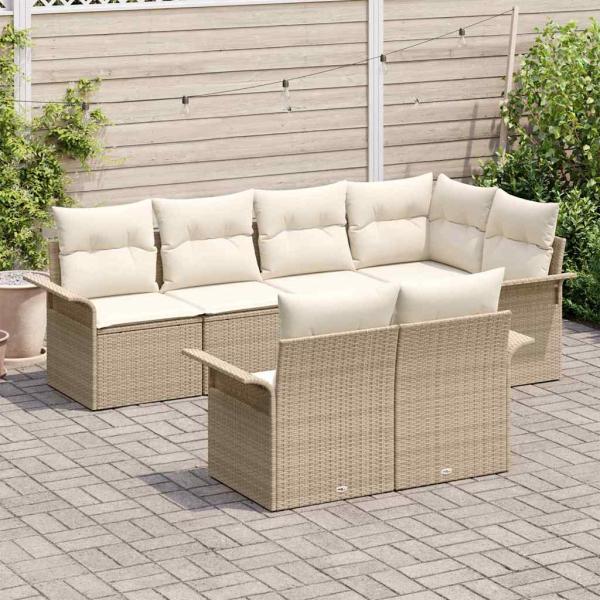 7-teiliges Garten Sofa Set mit Kissen Beige Poly Rattan, 2-Sitzer Garten Sofa mit Stauraum & Kissen Beige Poly Rattan