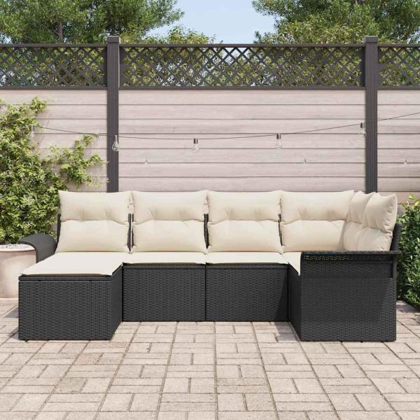 6-teiliges Garten-Sofaset mit Kissen Schwarz Poly-Rattan, 2-Sitzer Garten-Sofa mit Stauraum & Kissen Schwarz Poly-Rattan
