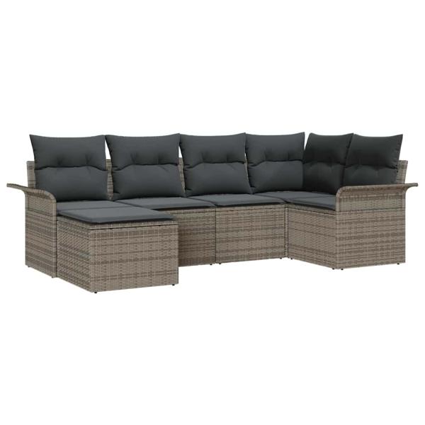 6-teiliges Garten-Sofa-Set mit Kissen Grau Poly Rattan, 2-Sitzer Garten-Sofa mit Stauraum & Kissen Grau Poly Rattan