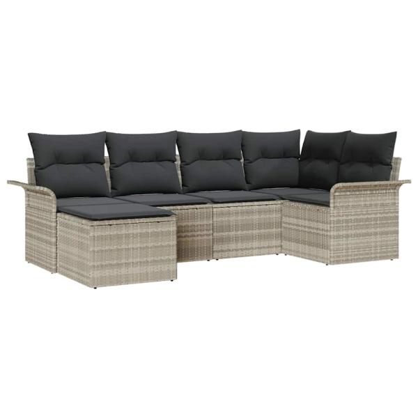 6-teiliges Garten Sofa Set mit Kissen Hellgrau Poly Rattan, 2-Sitzer Garten Sofa mit Stauraum & Kissen Hellgrau Poly Rattan