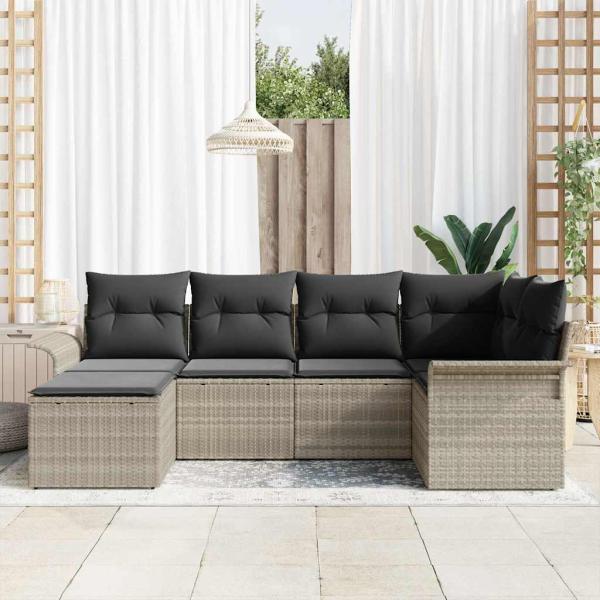 6-teiliges Garten Sofa Set mit Kissen Hellgrau Poly Rattan, 2-Sitzer Garten Sofa mit Stauraum & Kissen Hellgrau Poly Rattan