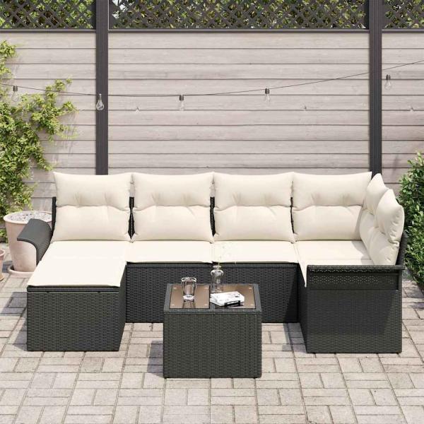 6-teiliges Garten Sofa Set mit Polstern Braunes Poly Rattan, 2-Sitzer Garten Sofa mit Stauraum und Polstern Schwarzes Poly Rattan