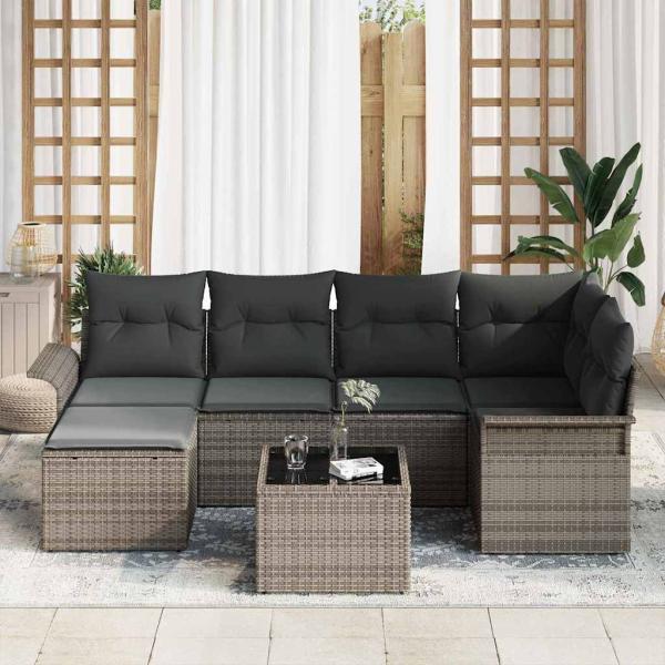 6-teiliges Garten Sofa Set mit Kissen Schwarz Poly Rattan, 2-Sitzer Garten Sofa mit Stauraum & Kissen Grau Poly Rattan