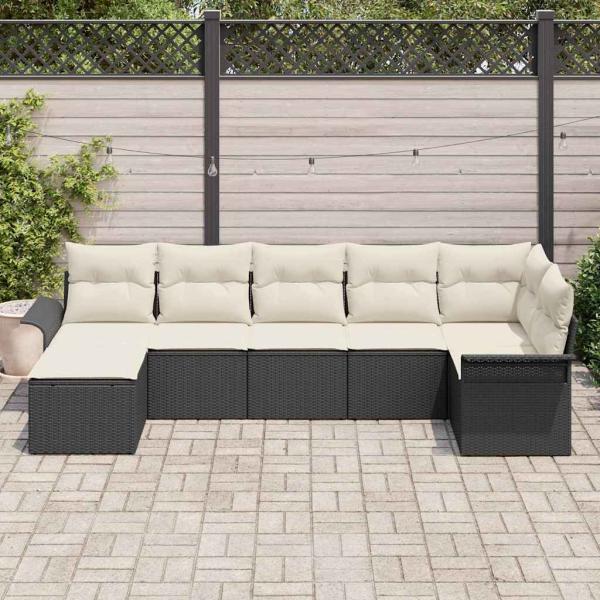7-teiliges Garten Sofa Set mit Kissen Schwarz Poly Rattan, 2-Sitzer Garten Sofa mit Stauraum & Kissen Schwarz Poly Rattan