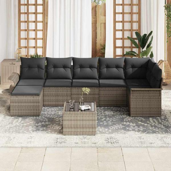 7-teiliges Garten Sofa Set mit Kissen Schwarz Poly-Rattan, 2-Sitzer Garten Sofa mit Stauraum & Kissen Grau Poly-Rattan