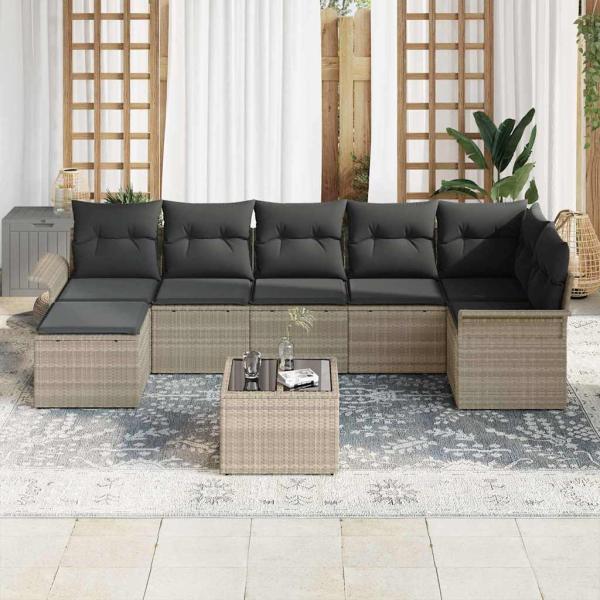 8-teiliges Garten-Sofaset mit Kissen Grau Poly Rattan, 2-Sitzer Garten-Sofa mit Stauraum & Kissen Hellgrau Poly Rattan