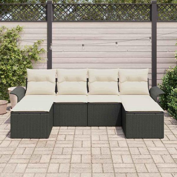6-teiliges Garten Sofa Set mit Kissen Schwarz Poly Rattan, 2-Sitzer Garten Sofa mit Stauraum & Kissen Schwarz Poly Rattan