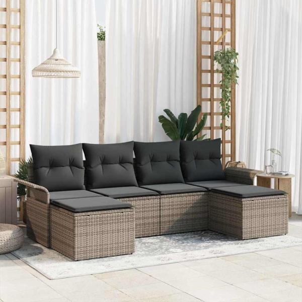 ARDEBO.de - 6-teiliges Garten Sofa Set mit Kissen Grau Poly Rattan, 2-Sitzer Garten Sofa mit Stauraum & Kissen Grau Poly Rattan