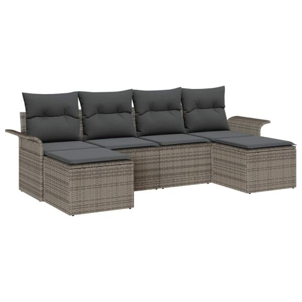6-teiliges Garten Sofa Set mit Kissen Grau Poly Rattan, 2-Sitzer Garten Sofa mit Stauraum & Kissen Grau Poly Rattan