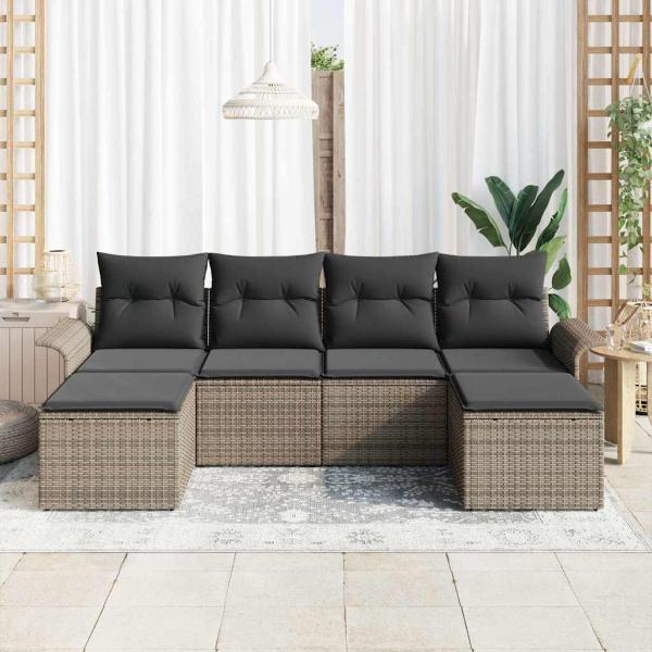 6-teiliges Garten Sofa Set mit Kissen Grau Poly Rattan, 2-Sitzer Garten Sofa mit Stauraum & Kissen Grau Poly Rattan