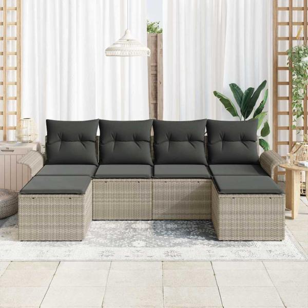6-teiliges Garten-Sofa-Set mit Kissen Hellgraues Poly-Rattan, 2-Sitzer Garten-Sofa mit Stauraum & Kissen Hellgraues Poly-Rattan