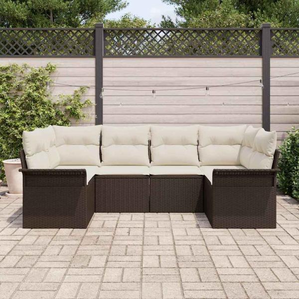 6-teiliges Garten-Sofa-Set mit Kissen Braun Poly Rattan, 2-Sitzer Garten-Sofa mit Stauraum & Kissen Braun Poly Rattan