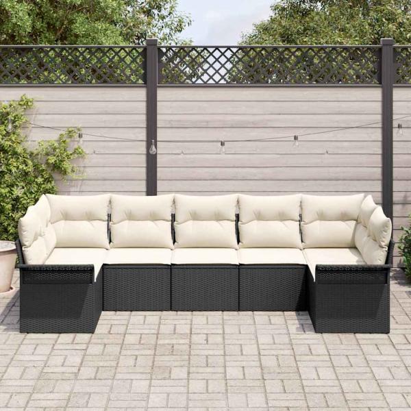 7-teiliges Garten-Sofa-Set mit Kissen Schwarz Poly-Rattan, 2-Sitzer Garten-Sofa mit Stauraum & Kissen Schwarz Poly-Rattan