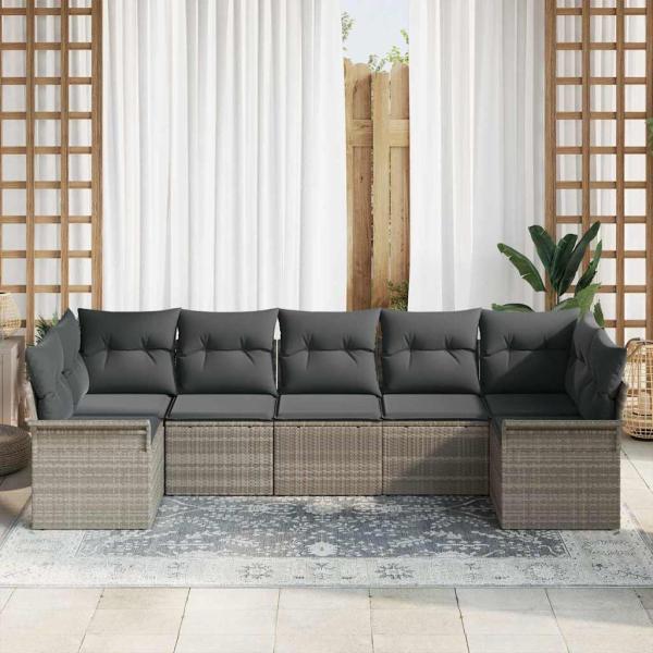 7-teiliges Garten-Sofa-Set mit Kissen Hellgrau Poly-Rattan, 2-Sitzer Garten-Sofa mit Stauraum & Kissen Hellgrau Poly-Rattan