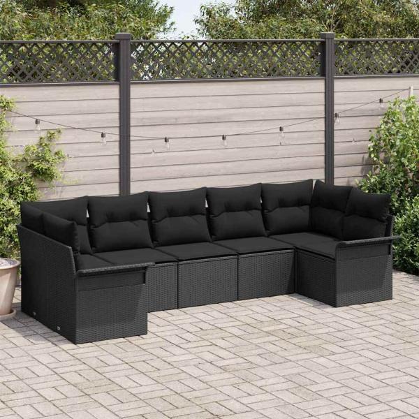 ARDEBO.de - 7-teiliges Garten Sofa Set mit Kissen Schwarz Poly Rattan, 2-Sitzer Garten Sofa mit Stauraum & Kissen Schwarz Poly Rattan