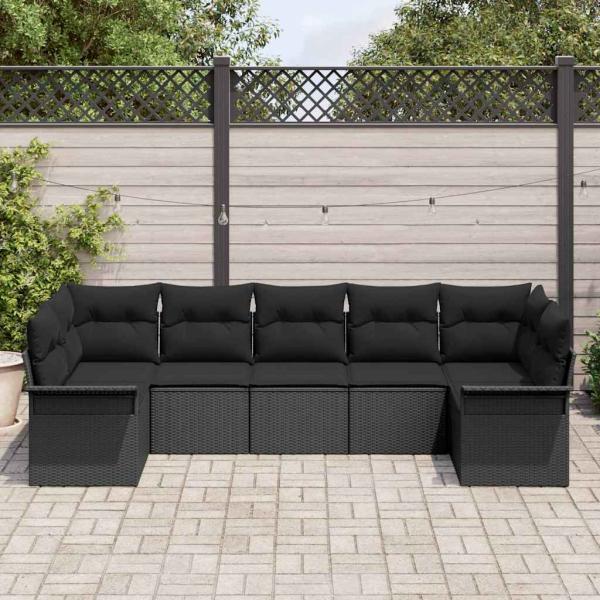 7-teiliges Garten Sofa Set mit Kissen Schwarz Poly Rattan, 2-Sitzer Garten Sofa mit Stauraum & Kissen Schwarz Poly Rattan