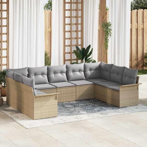 ARDEBO.de - 9-teiliges Garten-Sofa-Set mit Kissen Beige Poly Rattan, 2-Sitzer Garten-Sofa mit Stauraum & Kissen Beige Poly Rattan