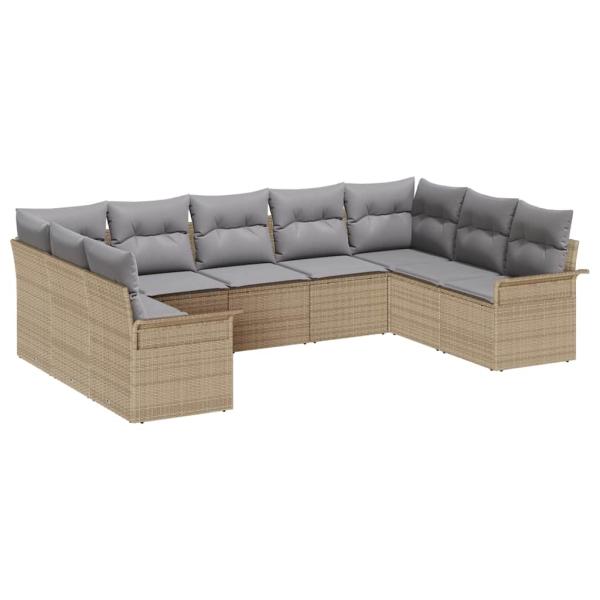 9-teiliges Garten-Sofa-Set mit Kissen Beige Poly Rattan, 2-Sitzer Garten-Sofa mit Stauraum & Kissen Beige Poly Rattan