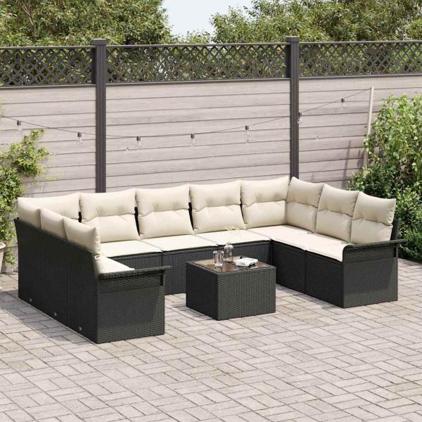 9-teiliges Garten Sofa Set mit Kissen Braun Poly Rattan, 2-Sitzer Garten Sofa mit Stauraum & Kissen Schwarz Poly Rattan