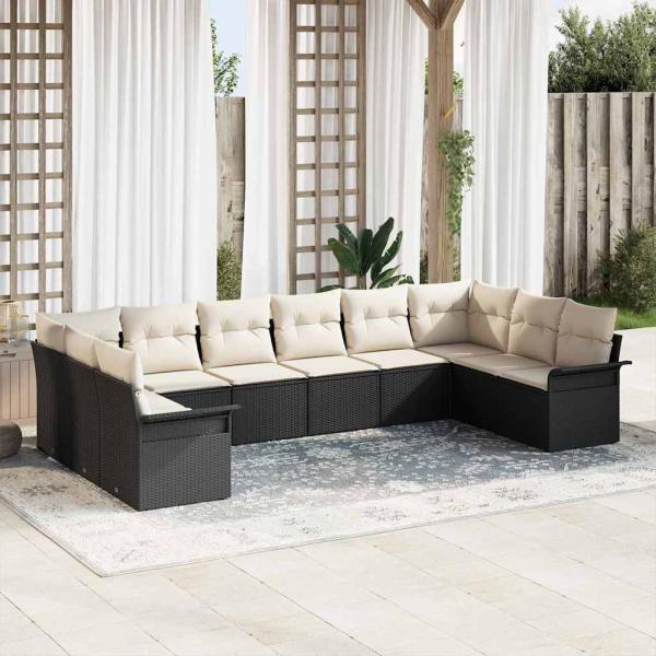 ARDEBO.de - 10-teilige Garten Sofa Set mit Kissen Schwarz Poly Rattan, 2-Sitzer Garten Sofa mit Stauraum & Kissen Schwarz Poly Rattan